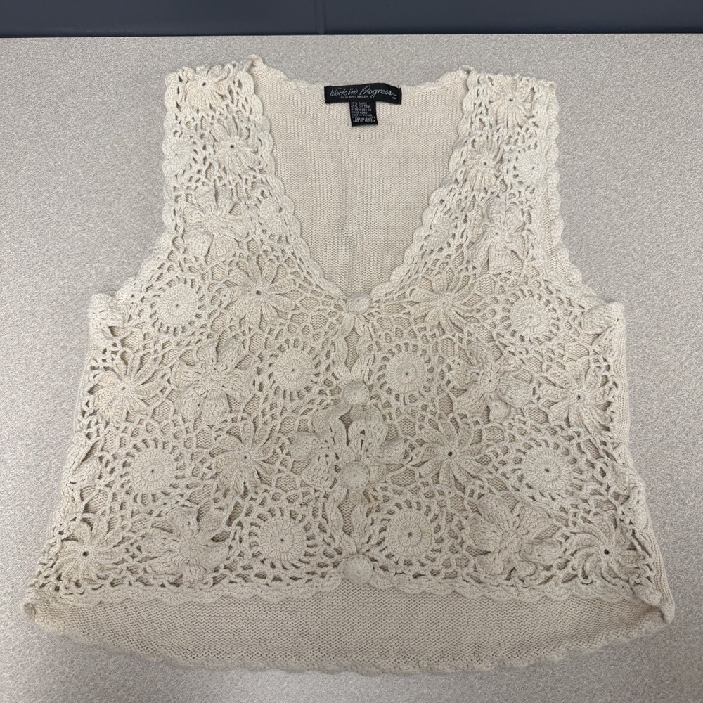 Vtg 90s Work in Progress Womens Vest Beige Crochet Lace Knit Sheer Cottagecore M